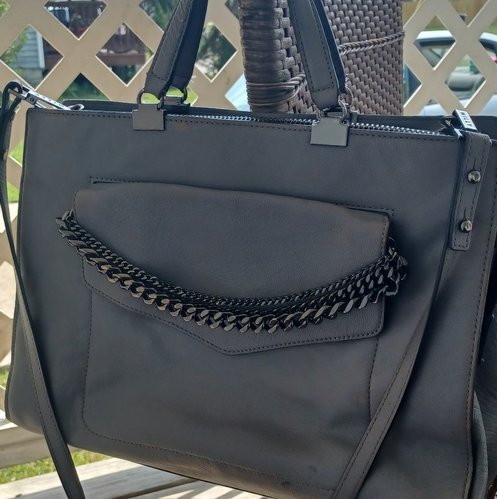 AUTH MILLY GUNMETAL GRAY CHAINLINKED XL LEATHER SATCHEL HANDBAG W/ LONG STRAP!